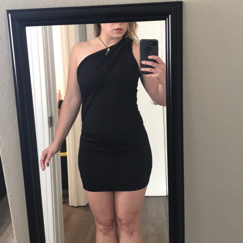 Black one shoulder satin mini dress